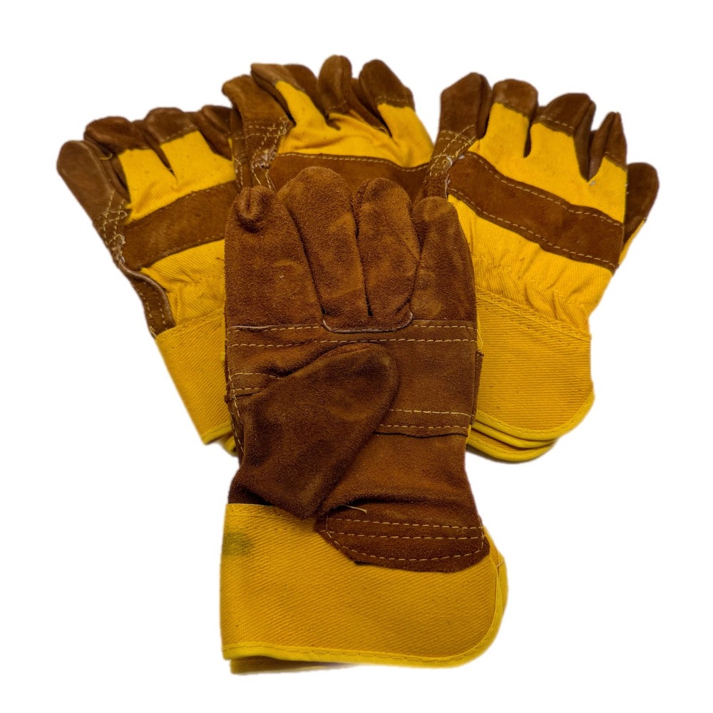 Heavy Duty Work Gloves Yellow Brown Leather Suede Reinforced Palm Size Large x 4